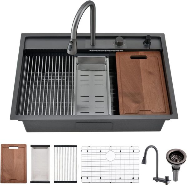 New Design Kitchen Furniture Sink Workstation Black Undermount Farmhouse Sink Stainless Steel Kitchen Sink Bowl with Accessories
