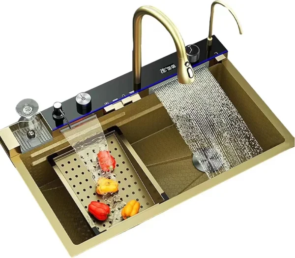 New Trend Gold Smart Kitchen Nano Stainless Steel Sink with Multi-Function Waterfall Faucet and Automatic Cup Washer for Hotel