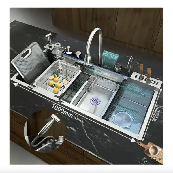 New Trending Customized Smart Kitchen Stainless Steel Sink Multifunction Waterfall Right Outlet Large Single Bowl Sink
