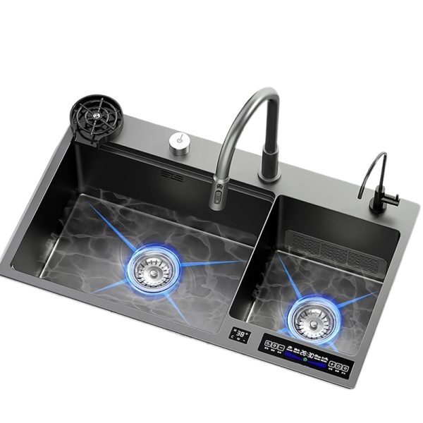 Newest Black Digital Display Touch Double Bowl Kitchen Sink with Cup Washer and Waterfall Faucet for Hotel Kitchen