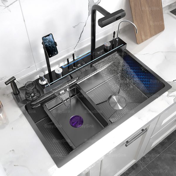 Kitchen Sink Has Rotary Waterfall Faucet and Intergrated Kitchen Sink with Mobile Phone Rest for Household