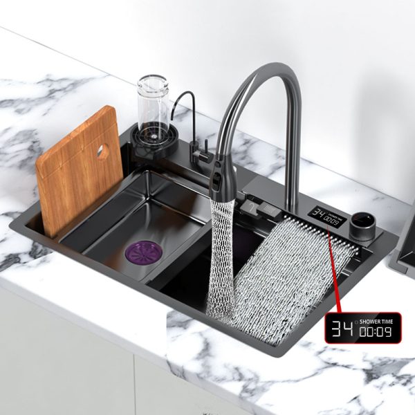 OEM Stainless Steel Kitchen Sink with LED-Digital Display and Waterfall Faucet for Hotel Kitchen
