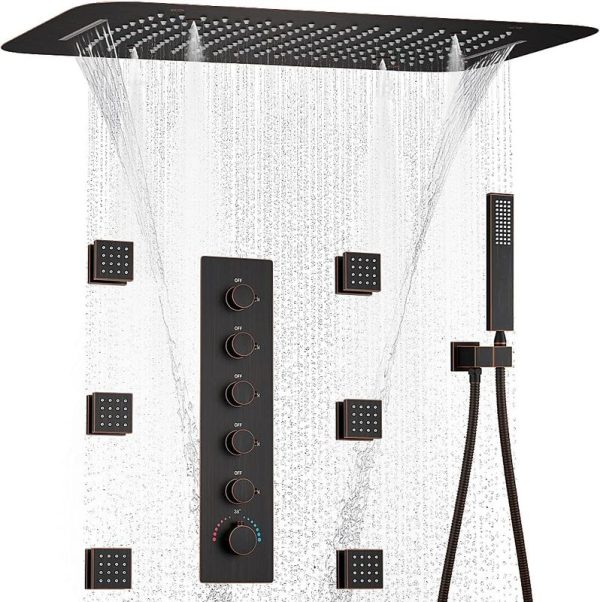 Rubbed Bronze Thermostatic Shower System Rainfall Waterfall Ceiling Rain Hand Showers Diverter Spout for Modern Bathrooms