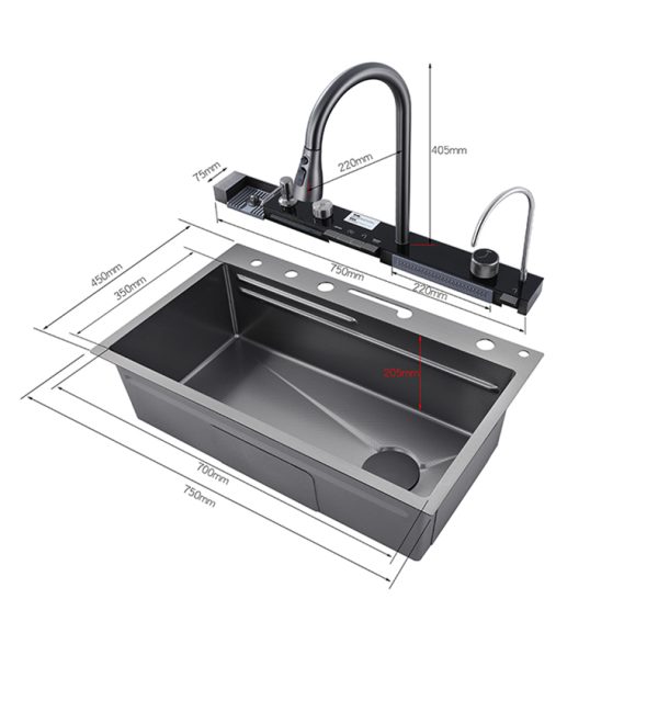 304 Stainless Steel Single Bowl Kitchen Sink Waterfall Style with Temperature Display Pull-Out Faucet Four Holes