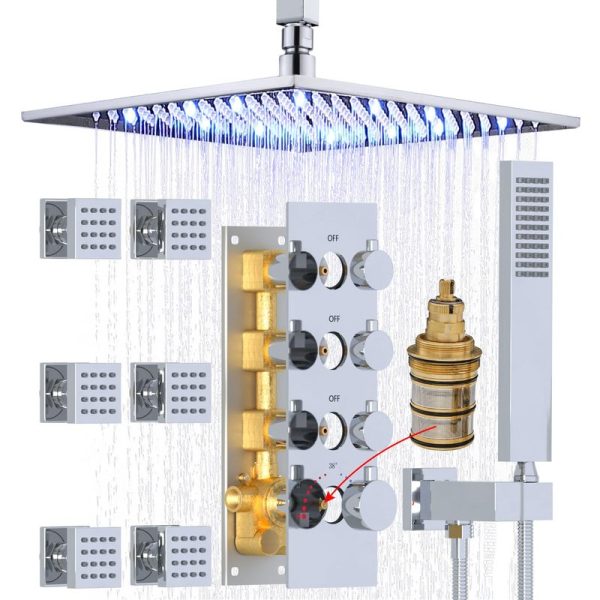 Polished Chrome Shower System with 6 Body Jets LED Shower Body Spray Brass Shower System