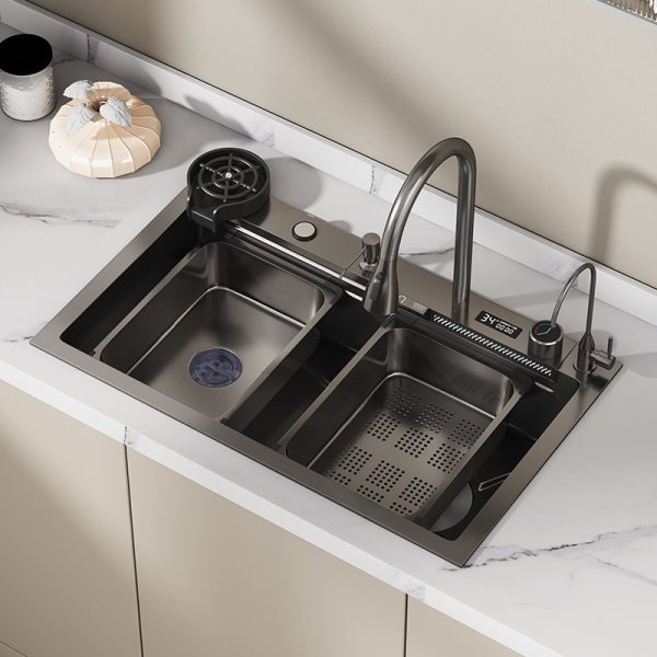 Premium 304 Stainless Steel Single Basin Kitchen Sink with Waterfall Faucet Digital Indicator Modern Undermount Installation