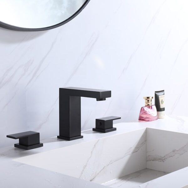 Project Hot Sale Matt Black Finish Deck Mounted 3 Hole 2 Handle 8'' Widespread Brass Bathroom Faucet - Image 9