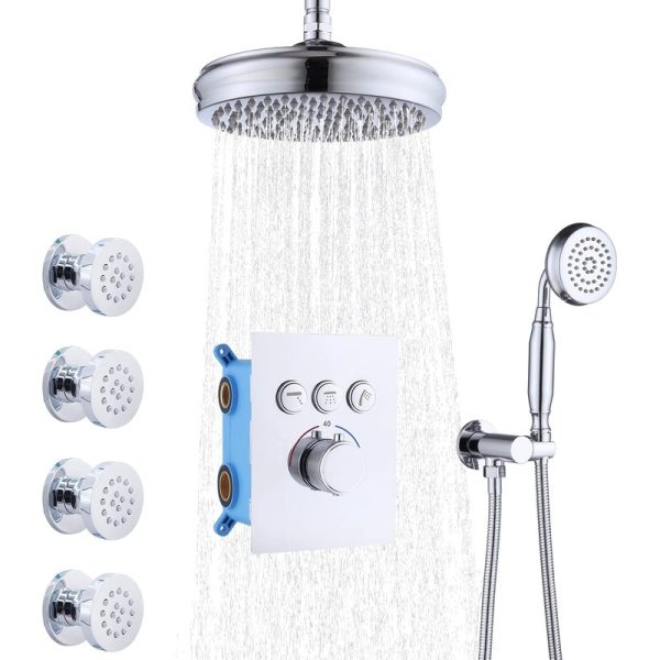 Rain Shower System With 4pcs Body Jets Thermostatic Shower Faucet Set