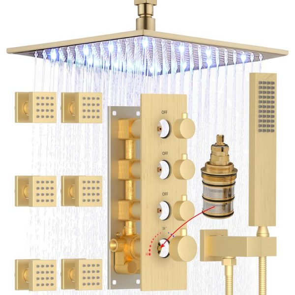 Rectangular Wall-Mounted LED Shower Set with Body Jets Handheld Spray Hot Cold Mixer Brass Material for Bathroom Use