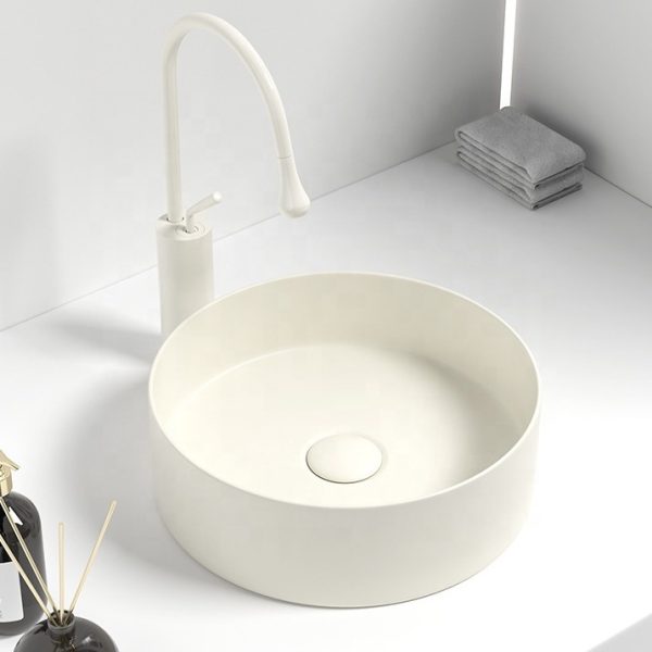 Round Small Size Counter Top Hand Wash Sink Home Hotel Modern White Matte Ceramic Basin