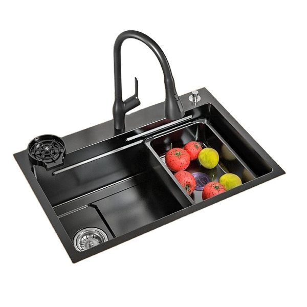Simple Black 304 Stainless Steel Single Bowl Kitchen Sink with Pull-out Faucet and Cup Washer Clean Water Faucet for Farmhouse