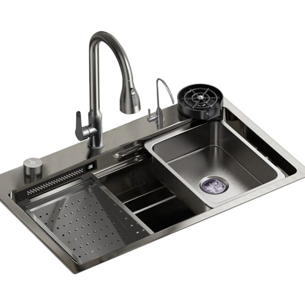 Single Bowl Handmade Digital Display Faucet Waterfall Bottom Black Kitchen Sink