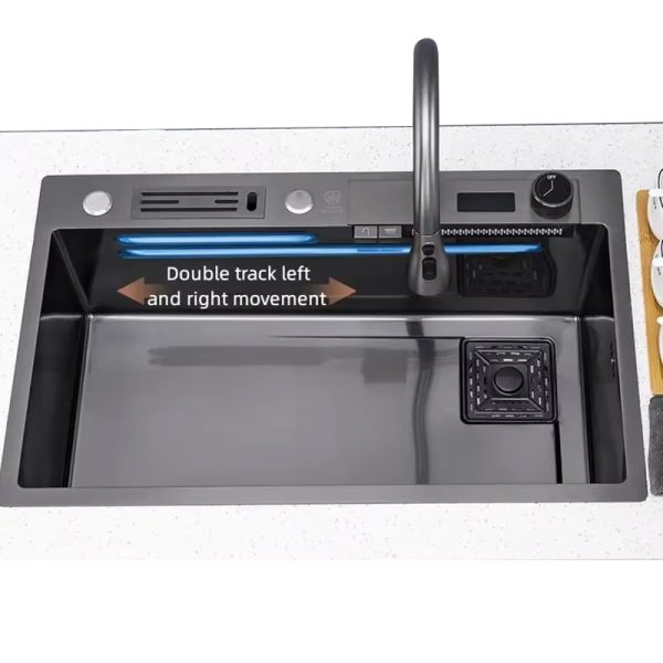 Single Slot Multi-Function Kitchen Piano Sinks Temperature Display Smart Kitchen Sink Set With Waterfall Faucet and Knife Shelf