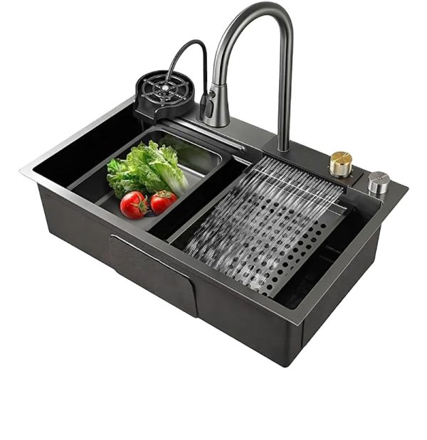 Smart Faucet Home Kitchen Sink Flying Rain Multi Function Full Set Basket Anti Scratch Oil Proof Household Sink Stainless Steel