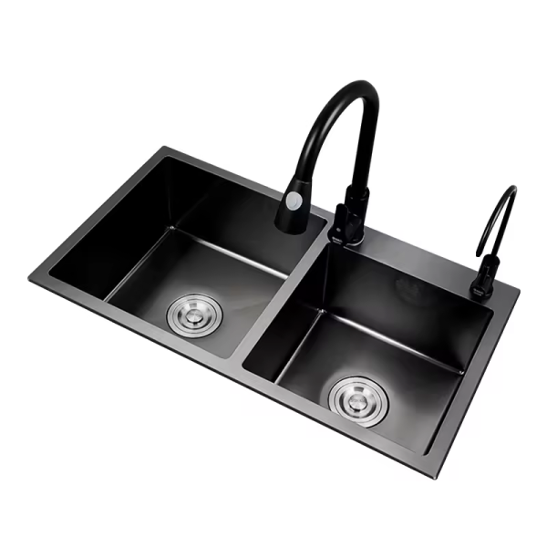 Stainless Steel 304/201 Waterfall Style Kitchen Sink, Intelligent Black High-quality Double Basin Household Sink