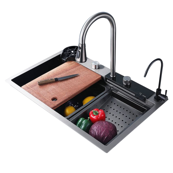 Stainless Steel 304/201Intelligent High Quality Black Color Smart  Kitchen Sink Waterfall with Cutting Board for Home Use