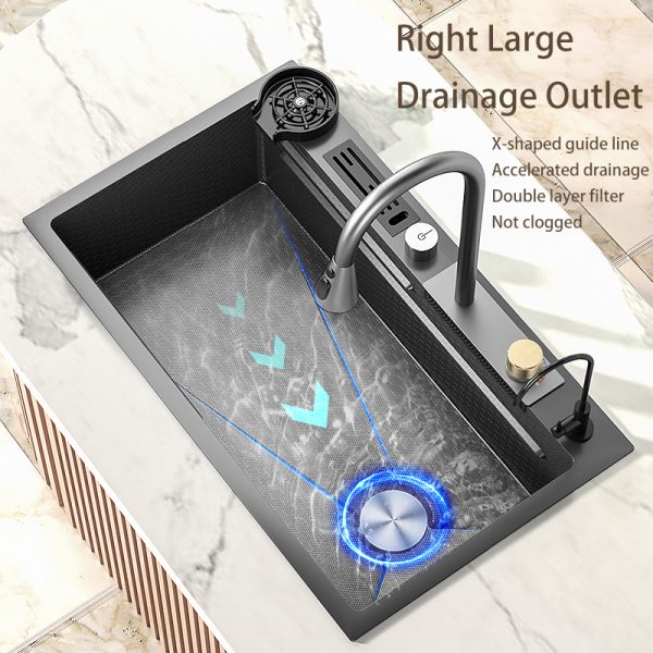 Stainless Steel Single Slot Waterfall Faucet Bionic Honeycomb Design Knife Holder Undermount Square Single Black Kitchen