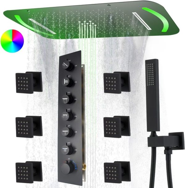 Super Large Shower System Black 27.95inch Rainfall Shower Faucet Set  4 Functions LED Thermostatic Shower Valve Kit