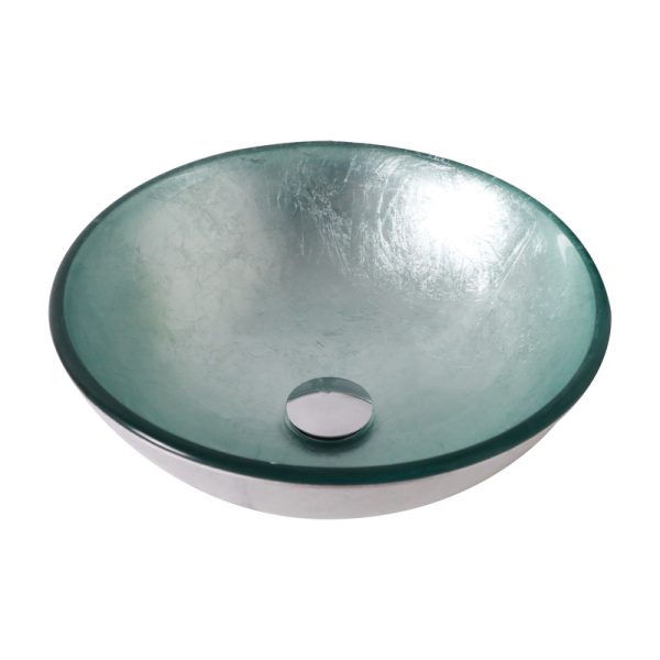 Teal Glass Vessel Sinks Contemporary Round Basin Foil Covered Tempered Glass Bathroom Sink With Drainer
