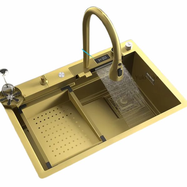 Gold Kitchen Sink Nano Pull-out Waterfall Faucet with Drainage Components and Accessories for Farmhouse Kitchen