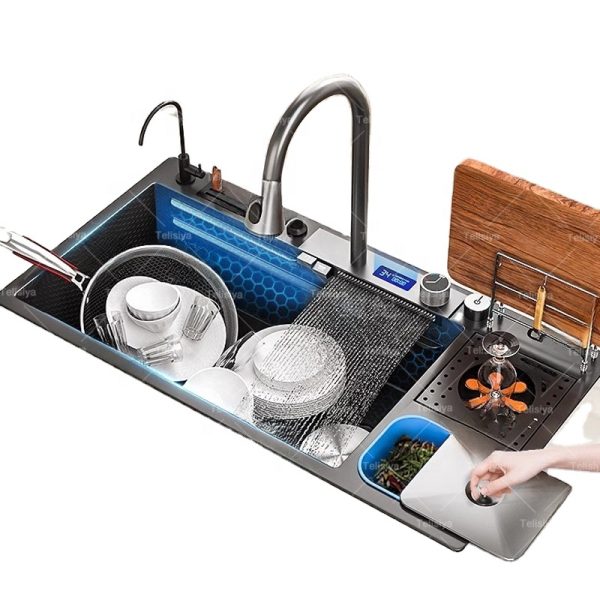 Kitchen Nano Stainless Steel Waterfall Sink with Pull-out Faucet and Kitchen Waste Bin for Hotel Kitchen