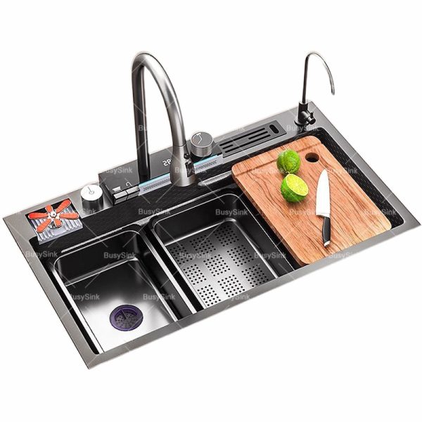 Upgraded Black Modern Smart Kitchen Stainless Steel Sink with Waterfall Digital Display Faucet for Above Counter Basin Kitchen