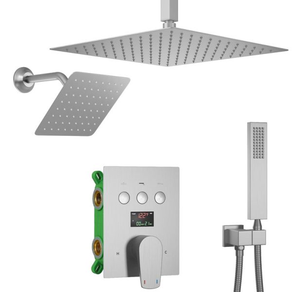 Wall Mount Rainfall Shower Head Set in Brushed Nickel Thermostatic Brass Material Temperature Digital Display System for Hotels