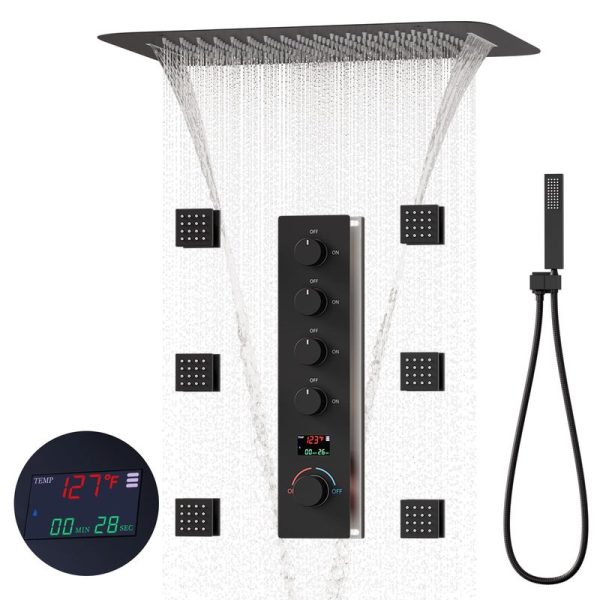 Wall Mount Waterfall Shower System 24 Inches With Digital Ceiling Black Shower Faucet Set With Body Jets and Rain Shower Head