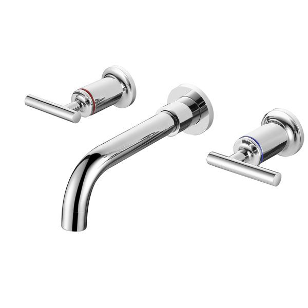 Wall Mounted Double Handle Chrome Brass Basin Mixer Tap Hot and Cold Bathroom Faucet with Ceramic Valve Core for Gym Use