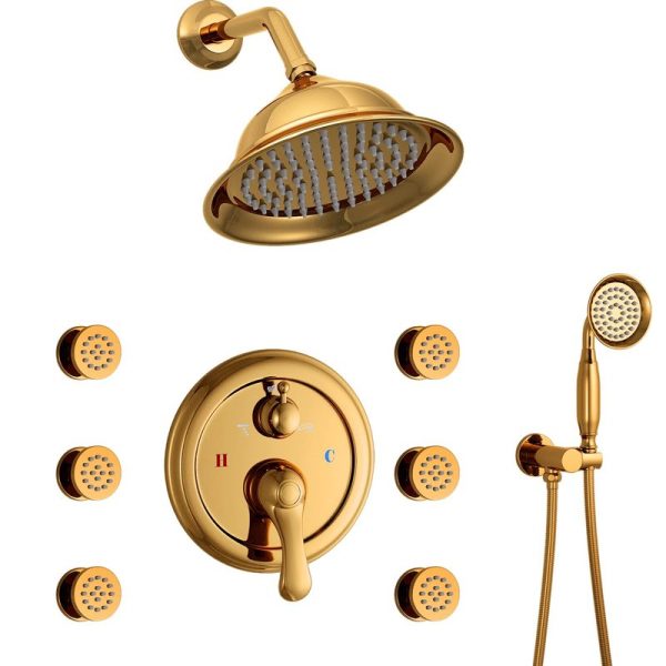 Wall Mounted Multi Function Rain Shower Faucet Set Antique Polished Gold Shower Fixtures