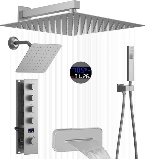 Wall Mounted Shower Fixtures Rain Shower Head and Handle Set Bathroom Shower Set with Digital Display