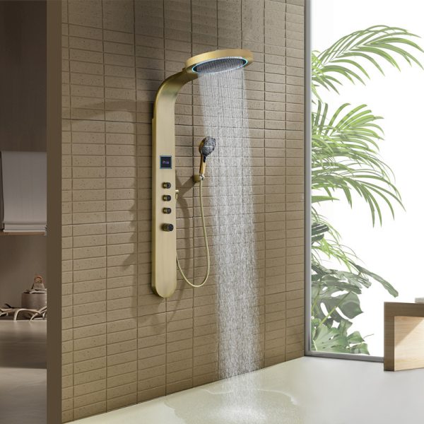 Brass Spool Rain Shower System Piano Key Brushed Gold Led Shower Set