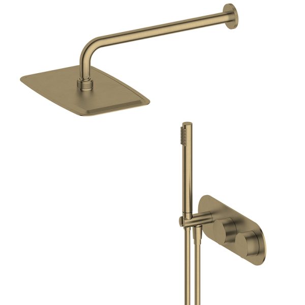 OEM Watermark PVD Brushed Gold Bathroom Full Brass Dual Handle Rainfall 2 in 1 Shower Head Set