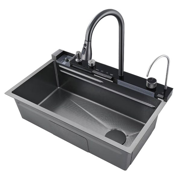 Whale Flying Rain Waterfall Single Bowl Kitchen Sink Counter Installation Pull-Out Faucet Rectangular Shape Nano Surface
