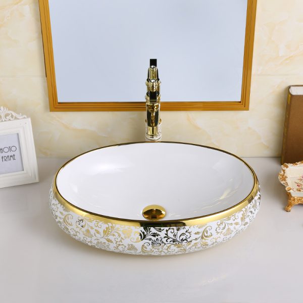Wholesale Above Counter Lavabo Art Gold White Basin Glossy Wash Basin Luxury Ceramic Bathroom Sinks