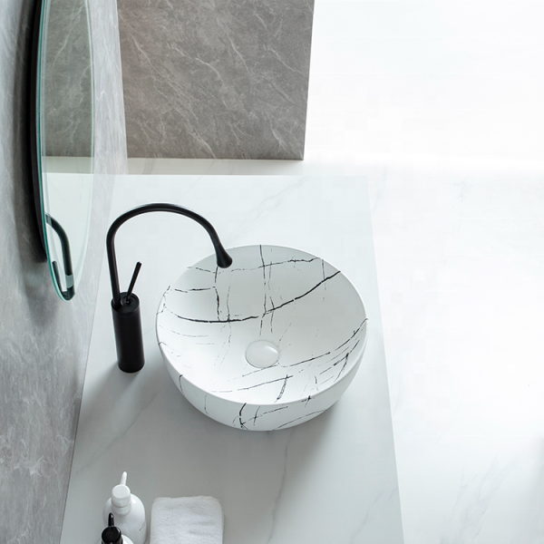 Wholesale Elegant Bathroom Lavabo High Quality White Marble Countertop Mounted Ceramic Washbasin
