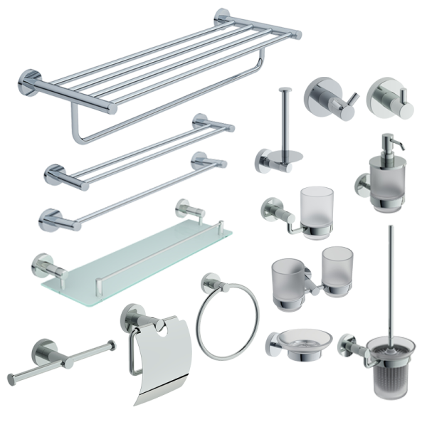 Wholesale Hotel Stainless Steel 304 Chrome Lv.10 Electroplate Towel Rack Paper Roll Holder Toilet Brush Bathroom Accessories Set