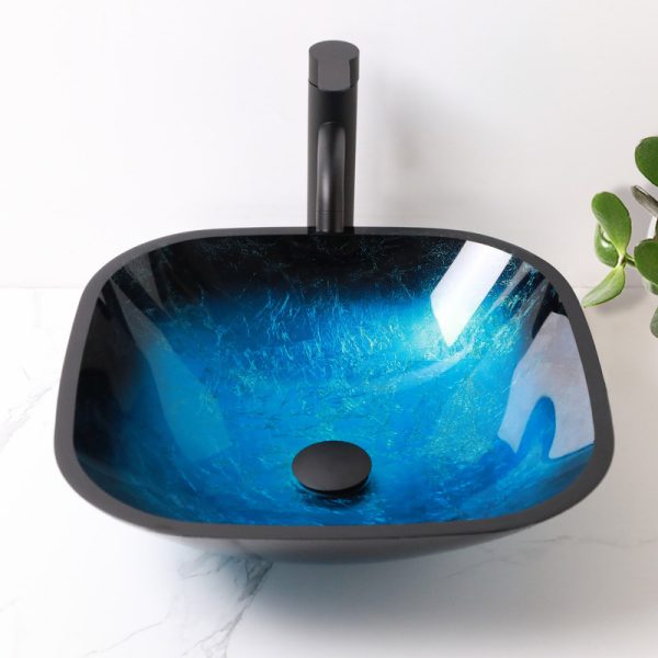 Wholesale Price Bowl Shaped Tempered Basin Glass Foil Fiber Blue Wash Basin