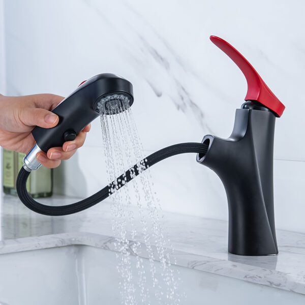 Wholesale black red basin sink pull out faucet pull out matte black bathroom faucet single handle brass vanity faucet 1