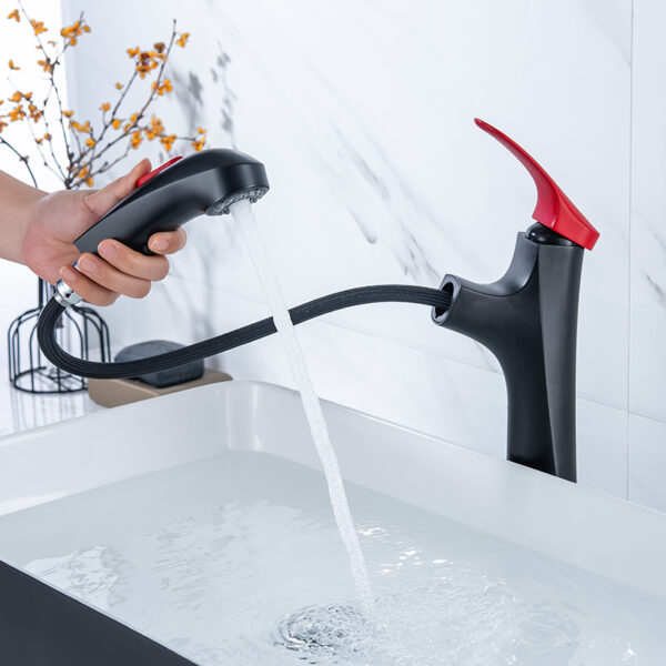 Wholesale matte black red strip high basin sink pull out the faucet pull out the bathroom faucet single handle brass wash basin faucet 2