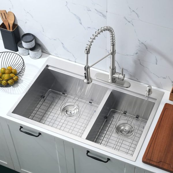 Workstation Topmount Tight Radius Double Bowl Ledge Stainless Steel Kitchen Sink with Accessories