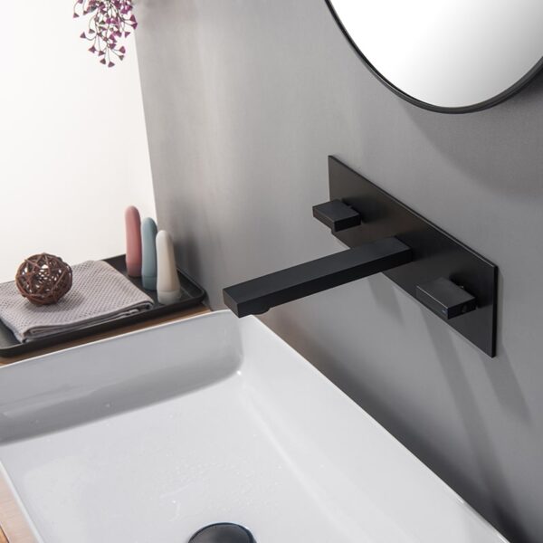 Factory Directly Brass 2 Lever Handles Square Wall Mounted Bathroom Sink Basin Faucet - Imagen 7