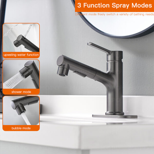 MOPO Wholesale Bathroom Faucet with Pull-Out Spray, with Draw Out Nozzle, Three Water Flow Patterns, Brass Bathroom Sink Faucet, Modern Bathroom Faucet – Image 9