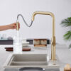 Robinets de cuisine commerciaux en or brossé, robinets d'évier de cuisine extractibles avec pulvérisateur extractible, robinet en or robinet à poignée unique en laiton, robinets de cuisine filigranés