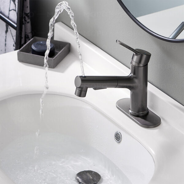 Nouveau modèle de robinet de lavabo extractible à 3 modes, petit robinet de salle de bain rotatif doré